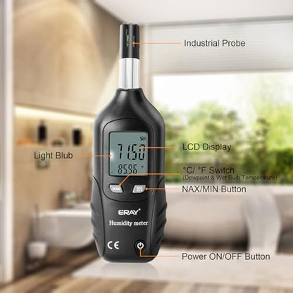 ERAY Digital Psychrometer Thermometer Hygrometer with Backlight, Temperature and Humidity Reader Meter Thermo-Hygrometer with Dew Point and Wet Bulb Temperature, 9V Battery Included(Black) - color: Black