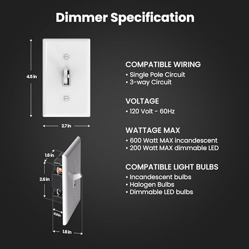 Feit Electric Toggle Dimmer with Light Switch for Dimmable LED Light Bulbs, Single Pole or 3-Way, Wall Plate and Wire Nut Installation Included, DIM/Toggle/2, 2 Pack - style: TOGGLE DIMMER