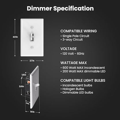 Feit Electric Toggle Dimmer with Light Switch for Dimmable LED Light Bulbs, Single Pole or 3-Way, Wall Plate and Wire Nut Installation Included, DIM/Toggle/2, 2 Pack - style: TOGGLE DIMMER