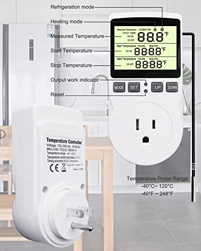 Digital Temperature Controller Outlet, 120V Electric Thermostat Outlet Plug with Timer Heating Cooling Control 110V for Reptile Terrarium Greenhouse Refrigerator