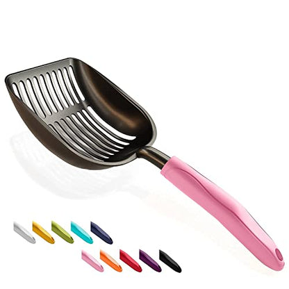 WePet Cat Litter Scoop, Non-Stick Plated Aluminum Alloy Sifter, Kitty Durable Metal Scooper, Deep Shovel, Long Handle, Kitten Pooper Lifter, Size Medium, Coated Black Body with Pink Handle - color: #10 Pink, size: Medium