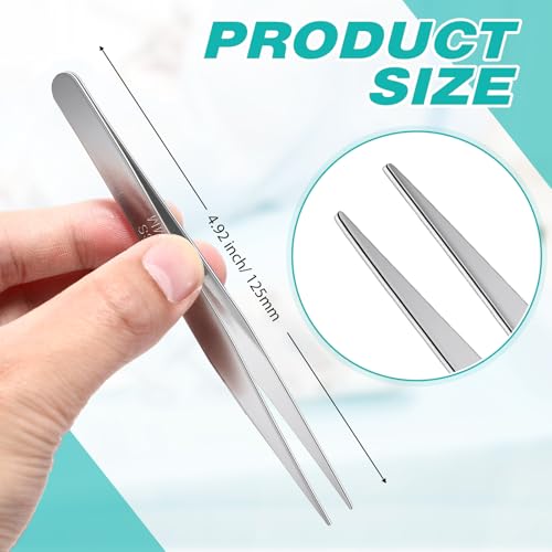 WILLBOND 10 Pcs Stainless Steel Tweezers Lab Forceps Long Tweezers with Flat Round Tip Hair Removal Tweezer Garden Tweezer Serrated Tip Straight 5 Inch for Plants, Craft, Electrical Repair