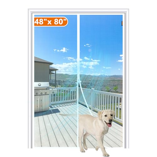 MAGZO Screen Door Magnetic Fits Door Size 48"x 80", Hands-Free Mesh White | 50" x 81" Magnetic Screen Door Mesh & Windproof Fastener, Pet Friendly Entry Door Screen Magnetic Closure - color: White, size: 48" x 80" Door (50" x 81" Screen)