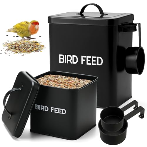 Reallnaive 2 Pcs Metal Bird Seed Container with Scoop, Bird Feed Storage Container with Fitted Lid, Farmhouse Style Ideal Gift for Birds and Pet Owners(Black)