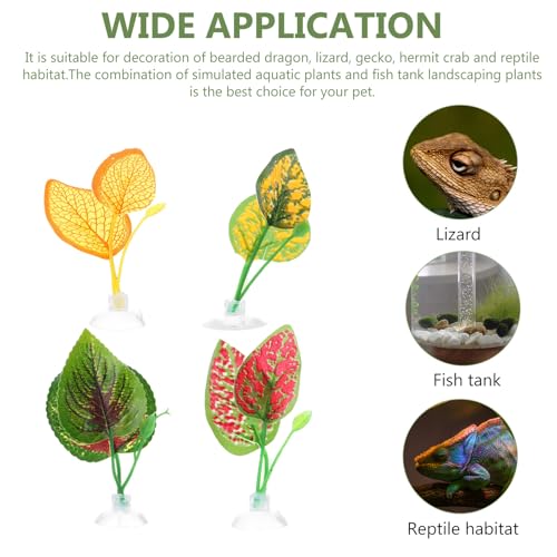 Hemoton 4pcs Artificial Reptile Terrarium Plants Leaves Decorations with Suction Cups, Vivid Landscaping Leaves for Turtle Lizard Chameleon Snake Habitat, Pet Box Ornament