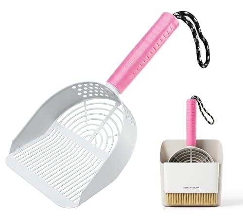 Cat Litter Scoop with Holder, 3 in 1 Metal Kitty Scooper, Heavy Duty Deep Litter Sifter with Dustpan & Mini Broom, Dual Coarse & Fine Grid, Quick Sift, Universal for All Cat Litter - color: Pink, size: Large