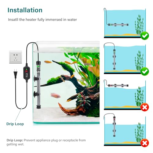 hygger Submersible Aquarium Heater, 100W 150W 200W 300W Adjustable Fish Tahk Heater with Temperature Controller, LED Display, Small Aquarium Betta Heater for up to 20/26/40/48 Gallons - size: 300W