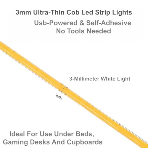 ULVYNTEX Ultra-Narrow 3mm USB Powered Cob Led Strip Lights Self-Adhesive, for Kitchen Cabinets, Bedroom, Gaming Desk(3000k Warm White, 3ft) - color: 3000k Warm white, size: 3ft