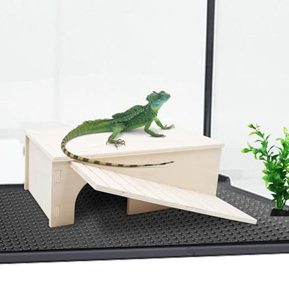 Oooct Bearded Dragon Hide Cave, Wooden Lizard Hideout with Climbing Ramp, Reptile Habitat with Basking Platform, Tank Accessories for Bearded Dragon Lizard Chameleon Hamster 12.9 × 11 × 4.7 Inch - size: 12.9 × 11 × 4.7 Inch