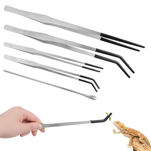 Stainless Steel Reptile Feeding Tongs with Rubber Tip，5 PCS Straight and Curved Long Tweezers Terrarium Aquascape Tools Feeder for Lizards Bearded Dragon Snake（Silver）