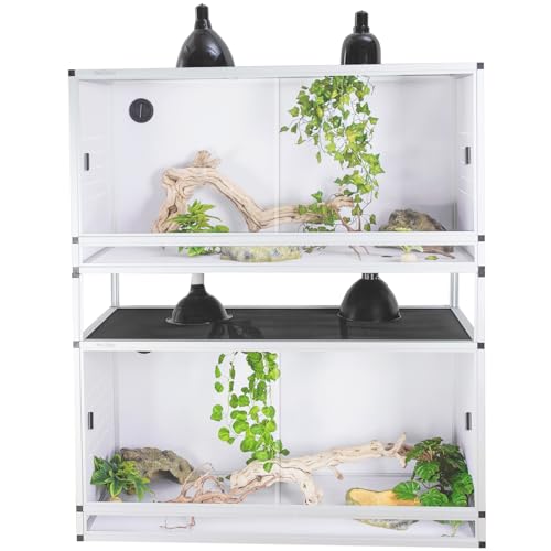 PVC Reptile Enclosure 44''x20''x20''Stackable Space Efficient ToxiRium Large Reptile Terrarium 76 Gallons for Bearded Dragon Gecko Lizard Snake,Vivarium with Sliding Doors Lock-2pcs with spacers - color: White, size: Two 44x20x20''-76 Gallon with Kit