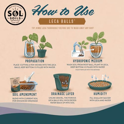 Sol Soils LECA Balls - Lightweight Natural Hydroponic Clay Pebbles for Plants, Improves Drainage, 10 Qt