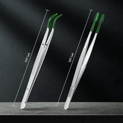 2 Piece Tweezers with Rubber Tips Set - Bent and Straight Flat Tips Tweezers PVC Coated for Stamp Coins Jewelry Crafts, Electronics(Silver, Green) - color: Silver, Green