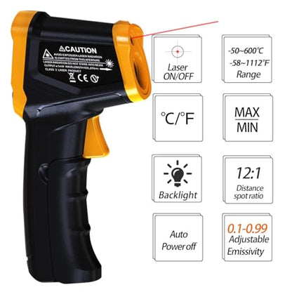Digital Infrared Thermometer Gun -58 to 1112 Degrees Fahrenheit Adjustable Emissivity&MAX&MIN Non Contact IR Thermometer Laser Temperature Gun for Cooking,Food,Pizza,Oven,Grill(not for Human)