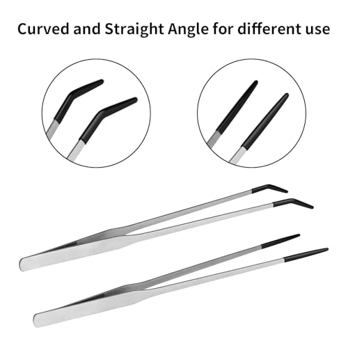 Stainless Steel Reptile Feeding Tongs with Rubber Tips, 27cm Long Curved and Straight Tweezers for Turtles, Lizards, Iguanas, Chameleons, Aquarium and Terrarium Use
