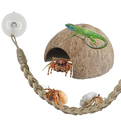 2PCS Hermit Crab Accessories，25.9inx1.58in Reptile Climbing Rope，Natural Coconut Reptile Hideouts，Ermit Crab, Hamster, Chameleon, Tree Frog, Lizard, Gecko Habitat Aquarium Decoration