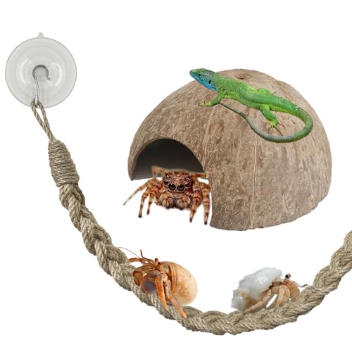 2PCS Hermit Crab Accessories，25.9inx1.58in Reptile Climbing Rope，Natural Coconut Reptile Hideouts，Ermit Crab, Hamster, Chameleon, Tree Frog, Lizard, Gecko Habitat Aquarium Decoration