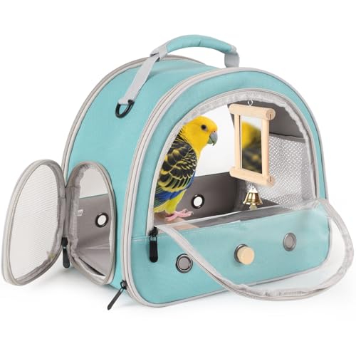 Parrot Travel Cage with Bird Cage Bells Mirror Set,Portable Small Bird Parakeet Bag with Standing Perch and Comfy Mat Bird Carry Transport Bag with Clear Window Vet Visit Shopping - color: Green, size: Carrier/mirror