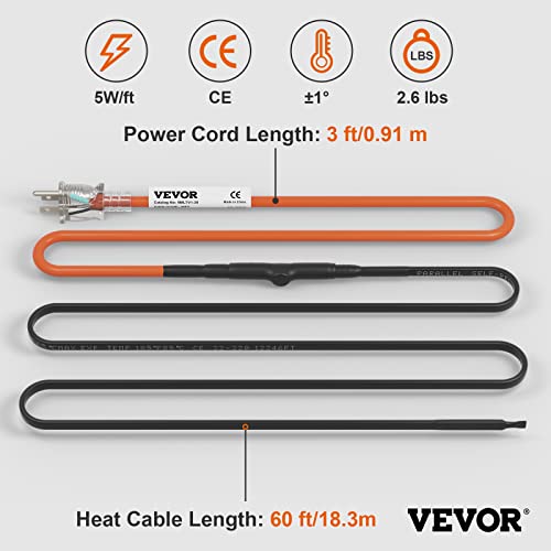 VEVOR Self-Regulating Pipe Heating Cable, 60-feet 5W/ft Heat Tape for Pipes Freeze Protection, Protects PVC Hose, Metal and Plastic Pipe from Freezing, 120V - size: 60 Feet