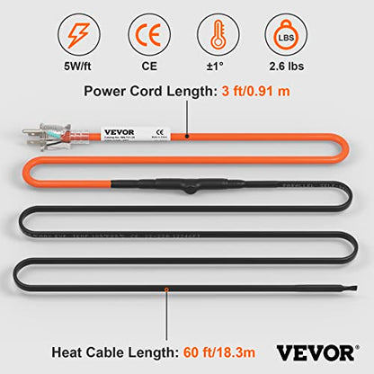 VEVOR Self-Regulating Pipe Heating Cable, 60-feet 5W/ft Heat Tape for Pipes Freeze Protection, Protects PVC Hose, Metal and Plastic Pipe from Freezing, 120V - size: 60 Feet