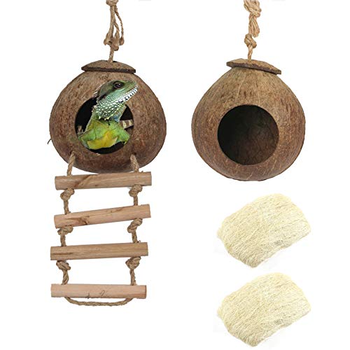 Hamiledyi Lizard Coco Den Reptile Hideouts Gecko Coconut Shell Hut Coconut hut for Geckos Bearded Dragon Tank Accessories Coconut Lizard Hut with Ladder - Natural Coconut Fiber
