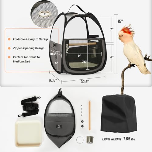 Bird Carrier for Travel with Clear Windows, Breathable Safe Fabric, Lightweight Small Bird Cage with Tray, Stand and Feeder, Portable Pet Bag for Parrot, Vet Visit, Outdoor, Small Animals