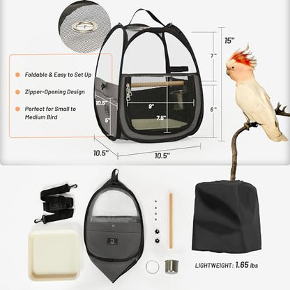 Bird Carrier for Travel with Clear Windows, Breathable Safe Fabric, Lightweight Small Bird Cage with Tray, Stand and Feeder, Portable Pet Bag for Parrot, Vet Visit, Outdoor, Small Animals
