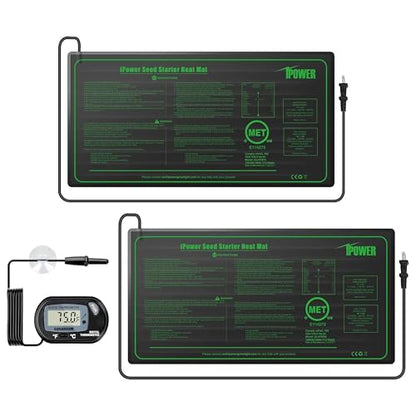 iPower Durable Seedling Heat Mat Warm 10" x 20" - 2 Pack Hydroponic Heating Pad Waterproof and A Digital Thermometer for Seed Starting Greenhouse and Germination - size: 10" x 20", style: Heat Mat*2+Thermometer*1