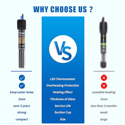 FREESEA 50 Watt Aquarium Submersible Betta Heater with Aquarium Submersible Thermometer
