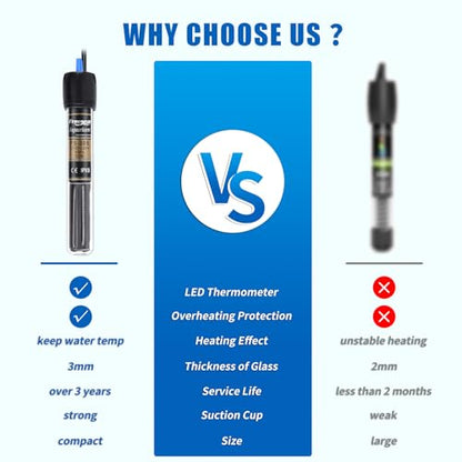 FREESEA 50 Watt Aquarium Submersible Betta Heater with Aquarium Submersible Thermometer