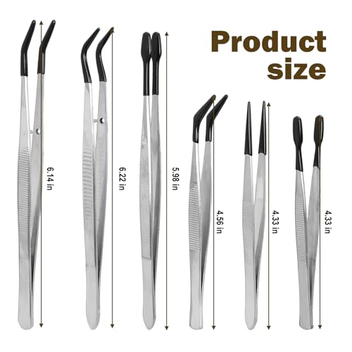 6PCS Rubber Tipped Tweezers Set, PVC Coated Non-Slip Precision Tweezers for Crafts, Jewelry Making, Electronics, and Lab Work