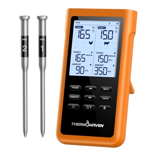 ThermoMaven Sub-1G Wireless Meat Thermometer, No App Needed, 2 Probes | 3000FT Long Range, Digital Smart Base, 6 Sensor NIST Accuracy, IPX8, BBQ Smoker Grill Oven Brisket Steak Turkey Pork Roast - color: Orange