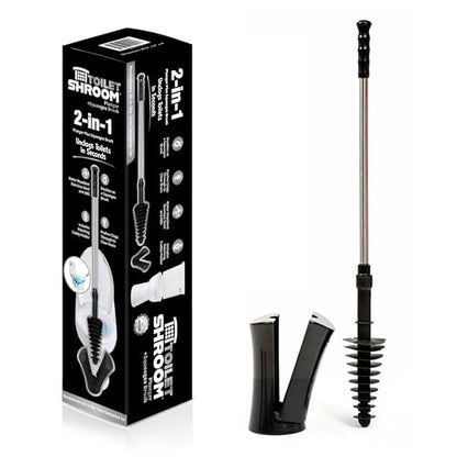 ToiletShroom Revolutionary Plunger, Squeegee, Clog Remover, Drain Cleaner, Bathroom Toilet Dredge Tool, Stainless Steel Handle with Caddy Holder, Оne Расk, Black