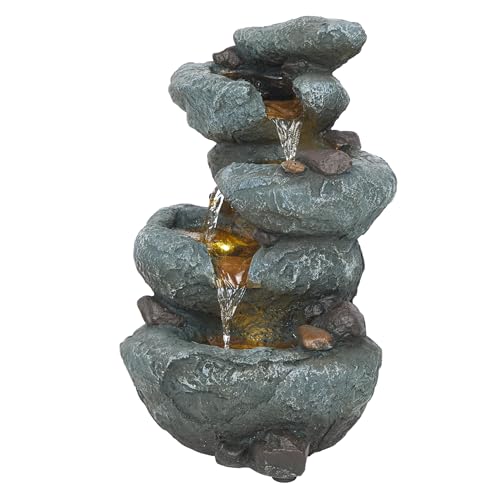 Alpine Corporation TZL418 14" 3 Tier Rock Fountain with LED Lights, Elegant Cascading Water Feature for Tabletop, Indoor Decor, Relaxing Stone Waterfall for Home & Office, Gray - style: Elegant Rock w/ LED Lights