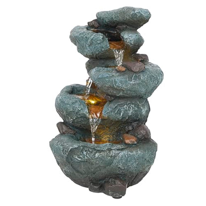 Alpine Corporation TZL418 14" 3 Tier Rock Fountain with LED Lights, Elegant Cascading Water Feature for Tabletop, Indoor Decor, Relaxing Stone Waterfall for Home & Office, Gray - style: Elegant Rock w/ LED Lights