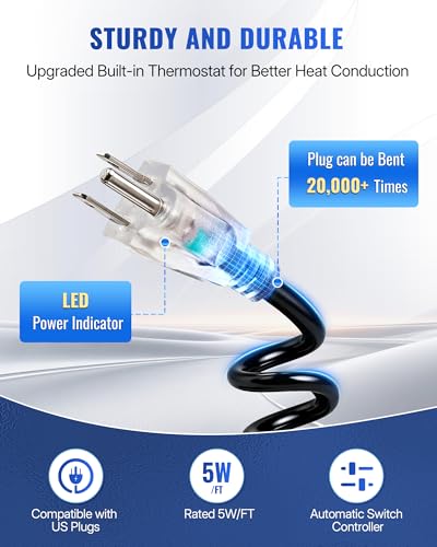 12Ft Water Pipe Heating Cable, 5W Constant Power Self-Regulating Heating Cable, 5W/FT, IPX7 Waterproof, Auto-On/Off, for Metal and Plastic Water Pipes, Freeze Protection, 120V U12HC06 - size: 12 FT