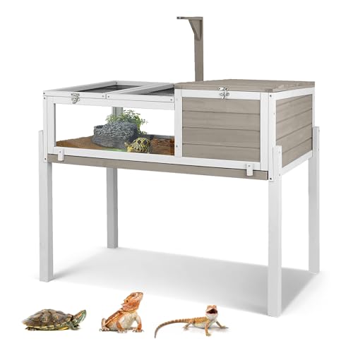 Standing Tortoise Habitat with Lamp Holder in Indoor & Outdoor, Wooden Turtle Enclosure Table with Detachable Legs, Leakproof Tray, Openable Roof for Tortle, Lizard, Chameleon, Grey - size: 37"L x 23"W x 32"H