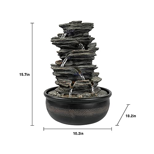 15.7” High Rock Falls Tabletop Water Fountain with LED Lights - 5-Tier Indoor Relaxation Waterfall Fountain, Small Cascading Water Feature for Home and Office Decor Gray-1