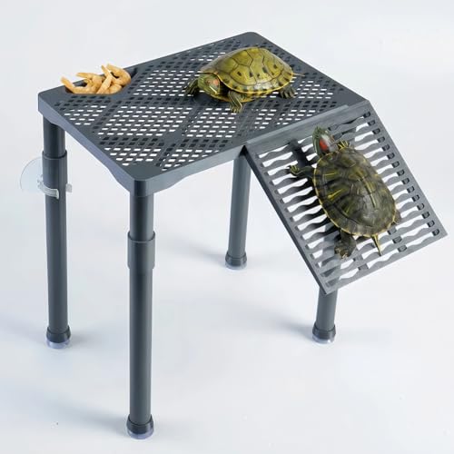 Large Wide Turtle Basking Platform with Built-in Food Tray, Zero Zip-Tied, Non-Slip Ramp, Resting Turtles Dock, for 50–120 Gallon Aquariums(14-in Width) Spacious Multi-Turtle Tank Accessories - size: Large（12.6×8.6inches）