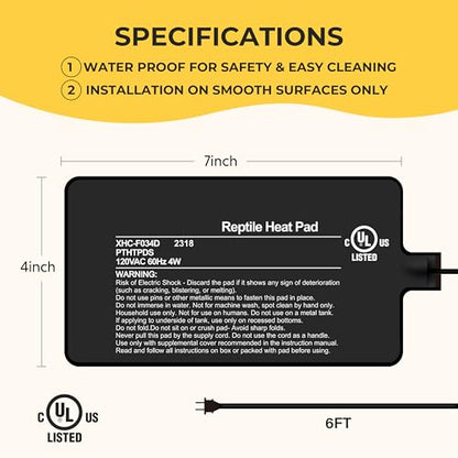 4x7 Inch Reptile Heating Pad 4W Electric Reptile Heat Pad Waterproof Under Tank Terrarium Heat Mats for Reptiles, Amphibians & Small Pets - color: Black, size: 4" x 7"(4W)