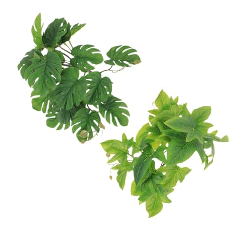Hemoton 2pcs Hanging Reptile Plants for Terrarium with Suction Cups, Artificial Plastic Leaves 23-Leaf Monstera and Sweet Potato for Amphibian Habitat Decoration