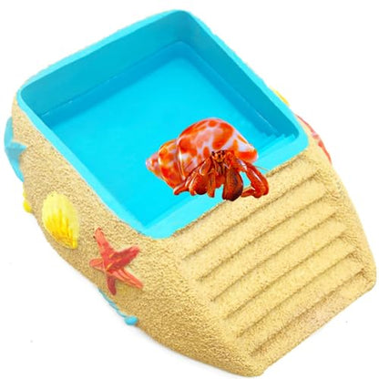 Hermit Crab Water Bowl,Resin Hermit Crab Pool with Climbing Ramp,Beach Style Reptile Feeding Dish Food Bowl Basking Platform Accessories for Turtles,Lizard,Frog,Gecko