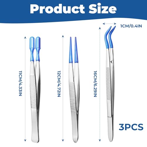 3 PCS Tweezers with Rubber Tips PVC Coated Set Precision Rubber Straight Flat Tip Long Bent Tweezers for Crafts Stamps Beads Jewelry, Blue