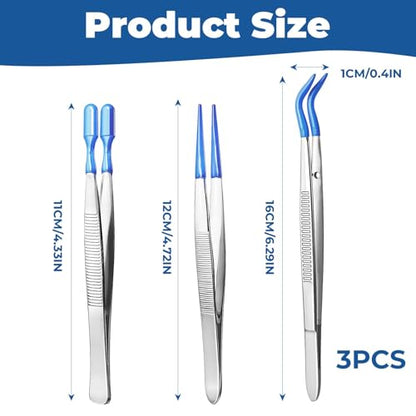 3 PCS Tweezers with Rubber Tips PVC Coated Set Precision Rubber Straight Flat Tip Long Bent Tweezers for Crafts Stamps Beads Jewelry, Blue