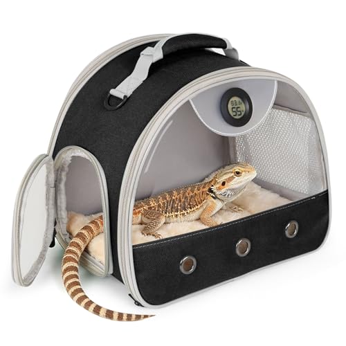 Bearded Dragon Travel Backpack Carrier with Reptile Thermometer and Humidity Gauge Lizard Travel Cage Space Capsule Clear Bubble Window Astronaut Reptile Bag for Ball Python (Black, Carrier) - color: Black, size: 12.0"L x 7.0"W x 12.0"H