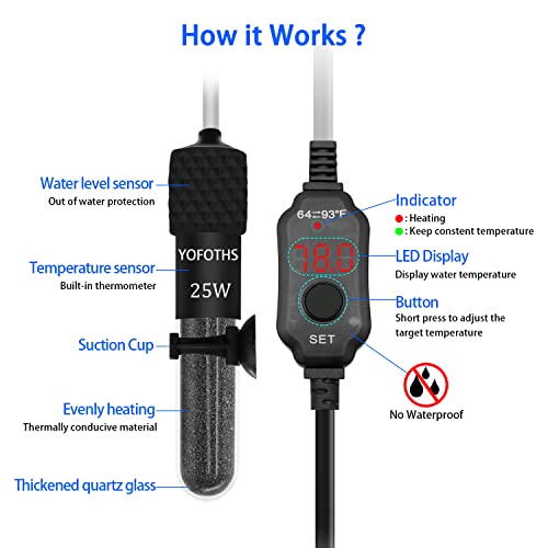 YOFOTHS Adjustable Mini Aquarium Heater3-5 Gallons Submersible Small Fish Tank Heater 25W Digital Display Thermostat External Temperature Controller (25W) - size: 25W