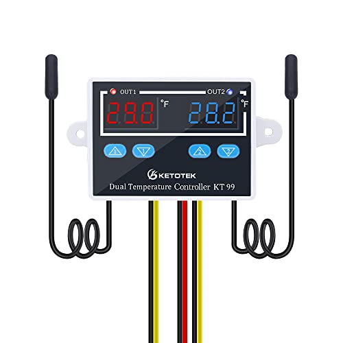 KETOTEK Digital Dual Temperature Controller 120V Fahrenheit Thermostat 10A with 2 1.5m Waterproof Probes, Heating Cooling Temperature Control Switch Refrigerator Fan Heater