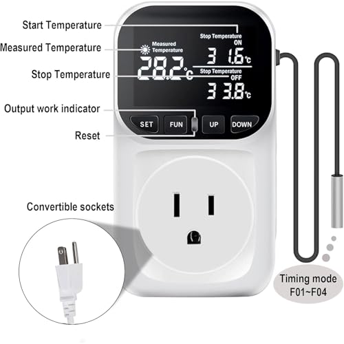 KABASI Digital Temperature Controller, Only Fahrenheit Dispaly Heavy Duty 15A Thermostat Outlet with Sensor, Heating Cooling Control Timer Plug Socket for Greenhouse Refrigerator Terrarium Aquarium