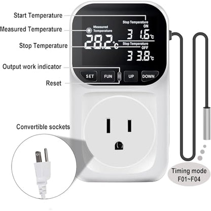 KABASI Digital Temperature Controller, Only Fahrenheit Dispaly Heavy Duty 15A Thermostat Outlet with Sensor, Heating Cooling Control Timer Plug Socket for Greenhouse Refrigerator Terrarium Aquarium