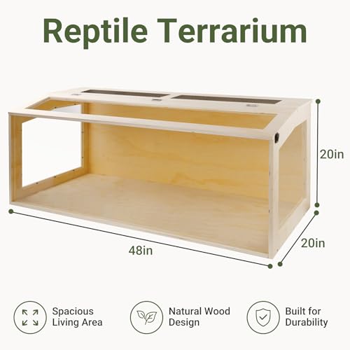 80 Gallon Bearded Dragon Tank with Locking Doors 48x20x20 Inch Reptile Enclosure Anti-Scratch Acrylic Front Metal Mesh Top Oak Wood Terrarium for Bearded Dragons Snakes Iguanas Chameleons